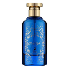 Blauwe glazen parfumfles met gouden ontwerpen, Maison Alhambra The Myth EdP 100 ml