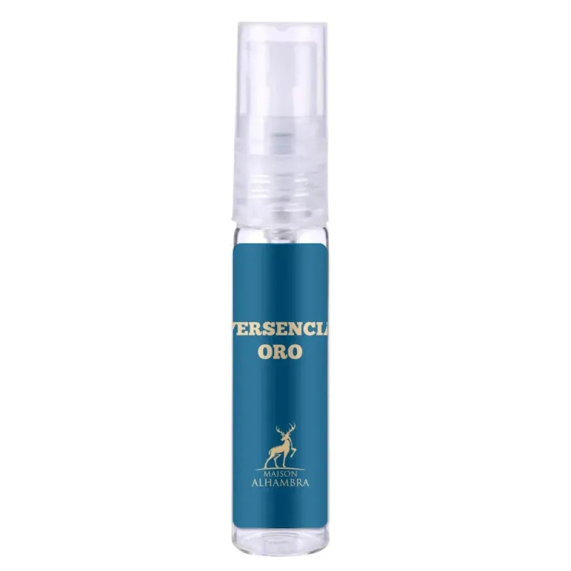 Teal cosmetic spray bottle with gold text and deer logo from Maison Alhambra Versencia Oro