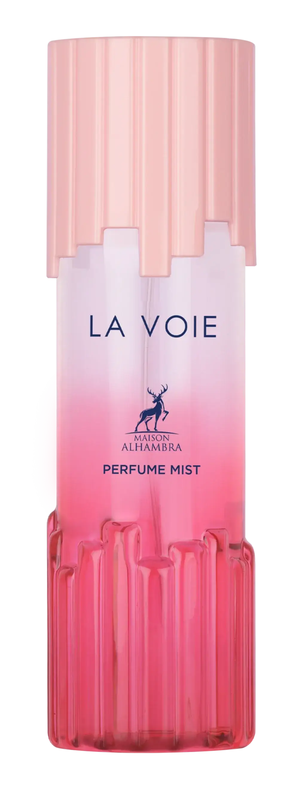 Een elegante roze gradient body mist fles met geribbeld glas en dop van maison alhamra genaamd la voie body mist