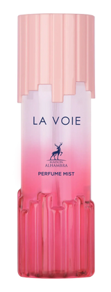Een elegant roze gradient bodymistflesje met geribbelde glazen ontwerp en bijpassende dop van maison alhambra