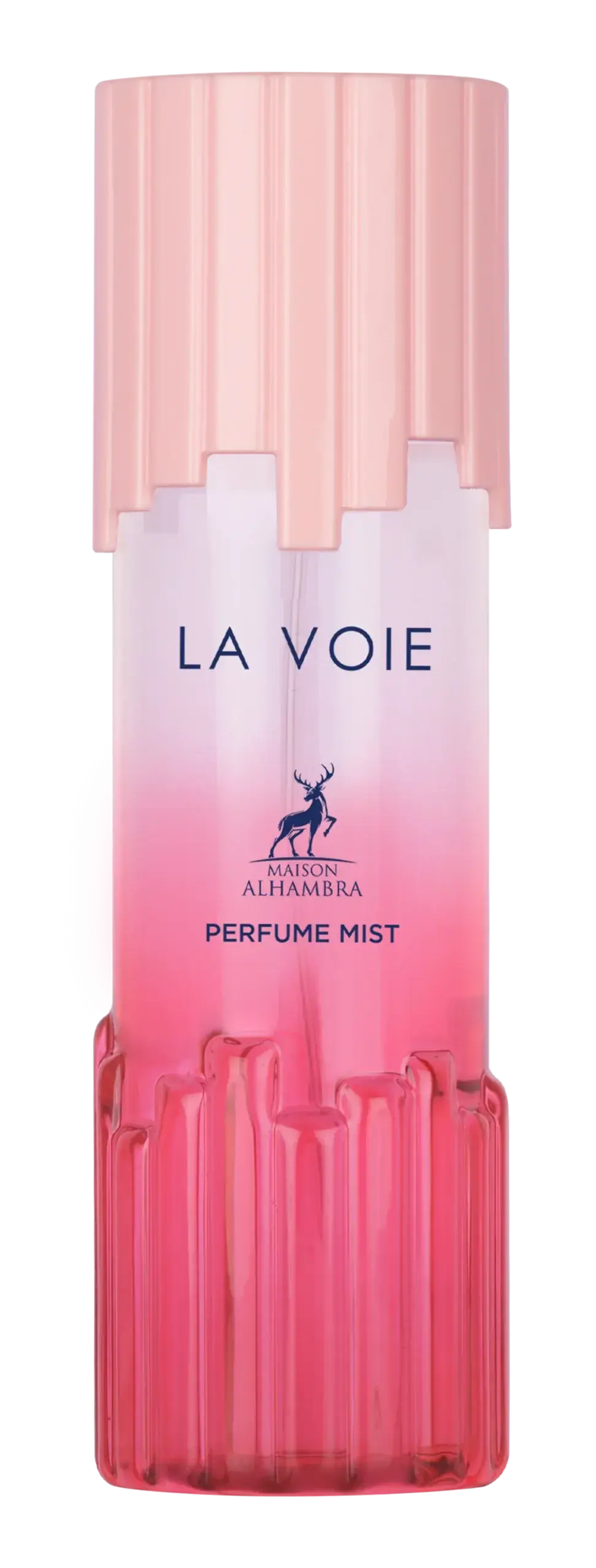 Een elegant roze gradient bodymistflesje met geribbelde glazen ontwerp en bijpassende dop van maison alhambra