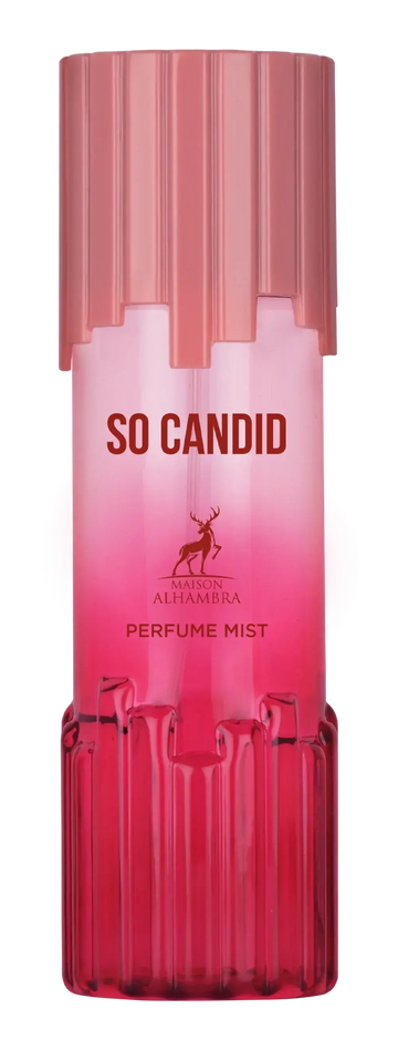 Een levendige roze gradient body mist fles met een geribbelde doorschijnende dop en bodem voor so candid body mist