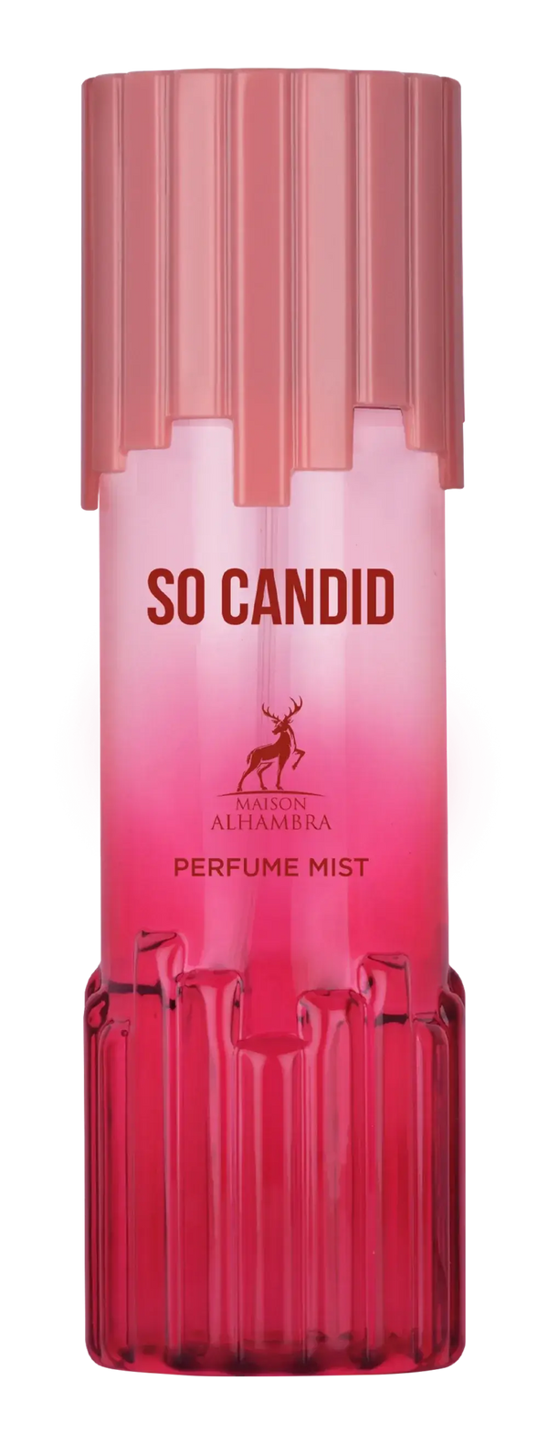 Een levendige roze gradient body mist fles met een geribbelde doorschijnende dop en bodem voor so candid body mist