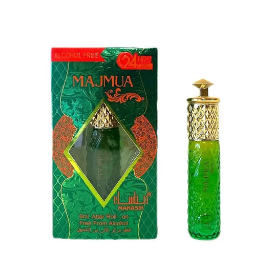 Groene glazen parfumfles majmua parfumolie met goudkleurige diamantpatroon dop en gestructureerd lichaam
