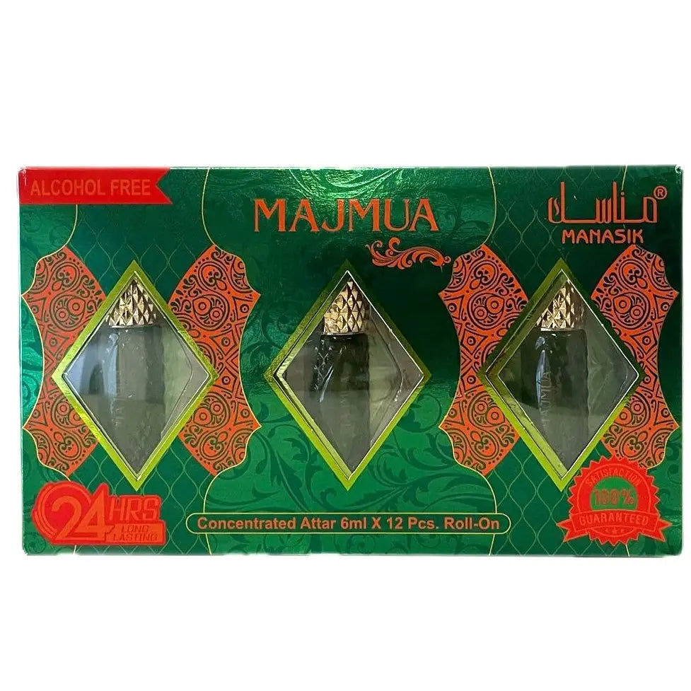 Set van twaalf majmua manasik geconcentreerde alcoholvrije roll-on attars van 6ml in groen en rood verpakt