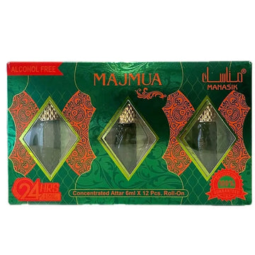 Set van twaalf majmua manasik geconcentreerde alcoholvrije roll-on attars van 6ml in groen en rood verpakt