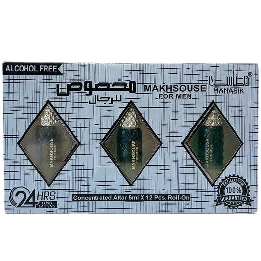 Alcoholvrije geconcentreerde attar roll-on set makhsouse for men parfumolie met drie donkergroene flessen en gouden doppen in zilver zwart diamantverpakking