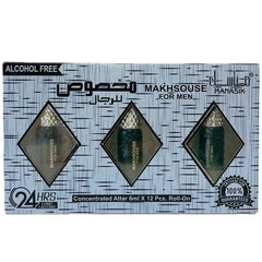Alcoholvrije geconcentreerde attar roll-on set makhsouse for men parfumolie met drie donkergroene flessen en gouden doppen in zilver zwart diamantverpakking