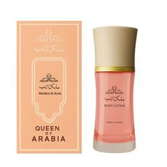 Peachkleurige Malikat al Arab Rose Body Lotion met bijpassende doos op een witte achtergrond