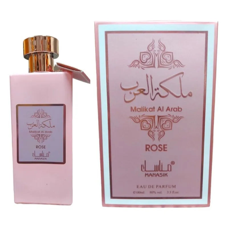 Roze parfumfles en doos met Arabische tekst van Malikat al Arab Rose EDP