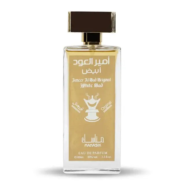 Een rechthoekige glazen fles amour al oud original white bud eau de parfum met gouden label en donkerbruine dop