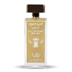 Een rechthoekige glazen fles amour al oud original white bud eau de parfum met gouden label en donkerbruine dop