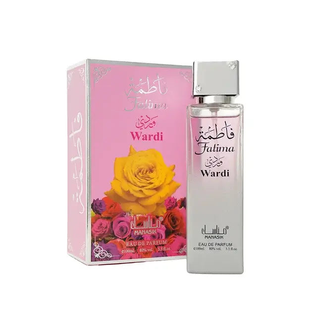Een strakke, transparante glazen fles met zilveren dop en arabische tekst voor de manasik fatiha wardi parfum