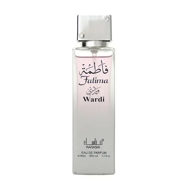 Een strak transparant glazen flesje falima wardi eau de parfum van mahasik met zilveren dop en zwarte arabische tekst