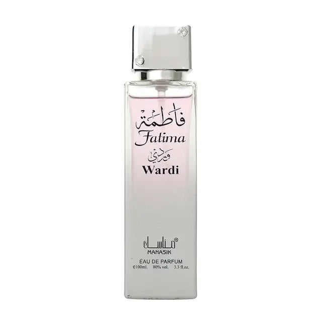 Een strak transparant glazen flesje falima wardi eau de parfum van mahasik met zilveren dop en zwarte arabische tekst