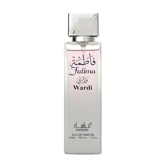 Een strak transparant glazen flesje falima wardi eau de parfum van mahasik met zilveren dop en zwarte arabische tekst