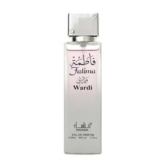 Een strak transparant glazen flesje falima wardi eau de parfum van mahasik met zilveren dop en zwarte arabische tekst