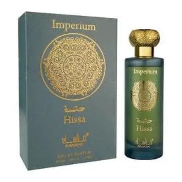 Manasik Hissa Imperium eau de parfum in een donkergroen glazen fles met een gouden kroon en embleem