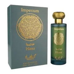 Manasik Hissa Imperium eau de parfum in een donkergroen glazen fles met een gouden kroon en embleem