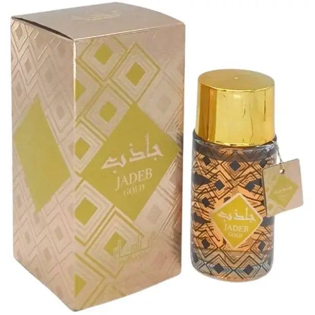 Manasik jadeb gold goudkleurige glazen parfumfles met geometrische patronen en bijpassende doos