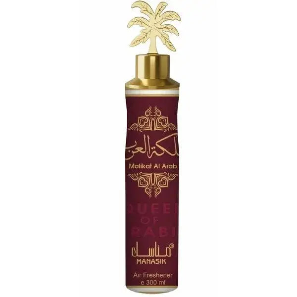 Een maroon glazen fles met gouden dop en palmboomstift labeled malikat al arab door mahasik voor manasik luchtverfrisser