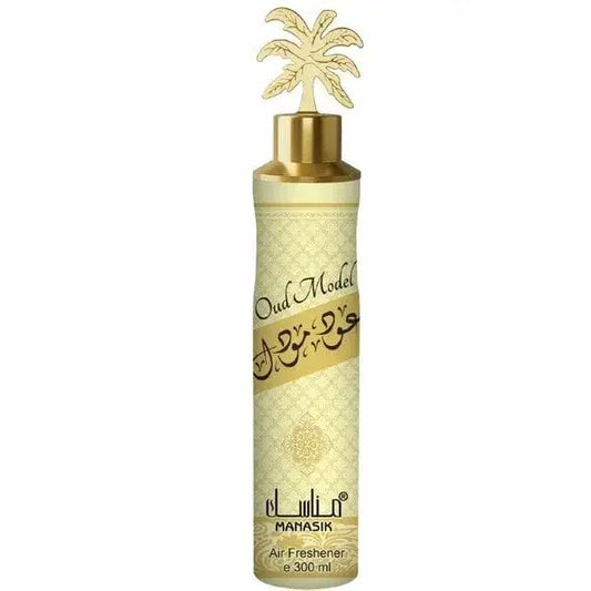 Goldkleurige sprayfles met palmboom detail en decoratief beige goud etiket oud model door mahasik luchtverfrisser