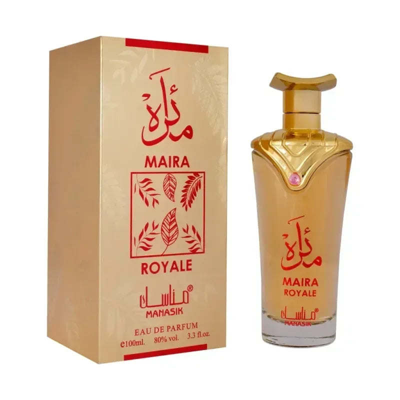 Gouden glazen parfumfles manasik maira royale met slank gebogen ontwerp en arabische rode tekst