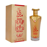 Gouden glazen parfumfles manasik maira royale met slank gebogen ontwerp en arabische rode tekst