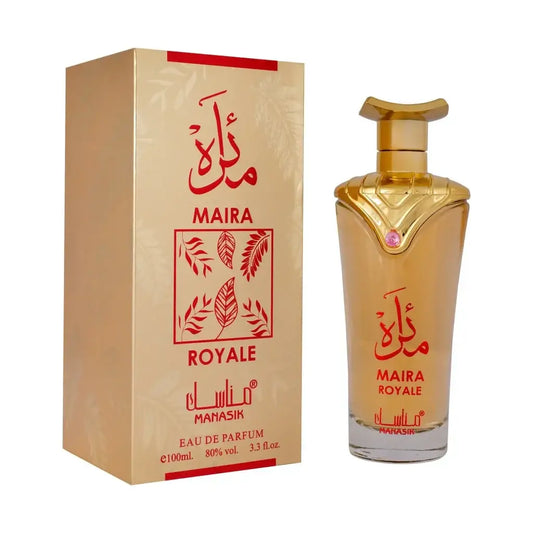 Gouden glazen parfumfles manasik maira royale met slank gebogen ontwerp en arabische rode tekst