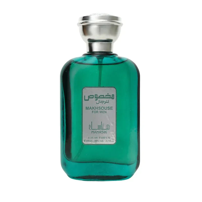 Groene glazen parfumfles met zilveren dop van Manasik Makhsouse Grey Arabische parfum
