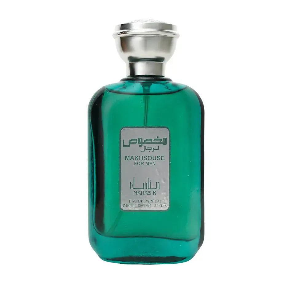 Een strak, rechthoekig groene glazen fles met een zilveren dop en label makhsous for men van mamasik, manasik makhsouse grey product