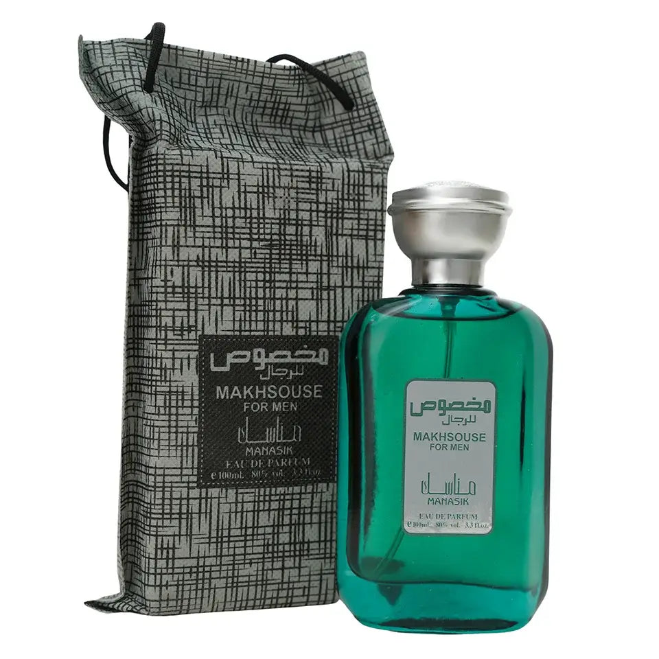 Emeralgreen glazen fles makhousse eau de parfum voor mannen van mahasin met zilveren dop en label manasik makhsouse grey