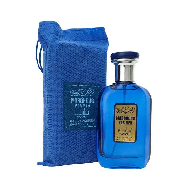 Blauwe glazen fles marghoub eau de parfum voor mannen van manasik in manasik marghoub for men blauw product