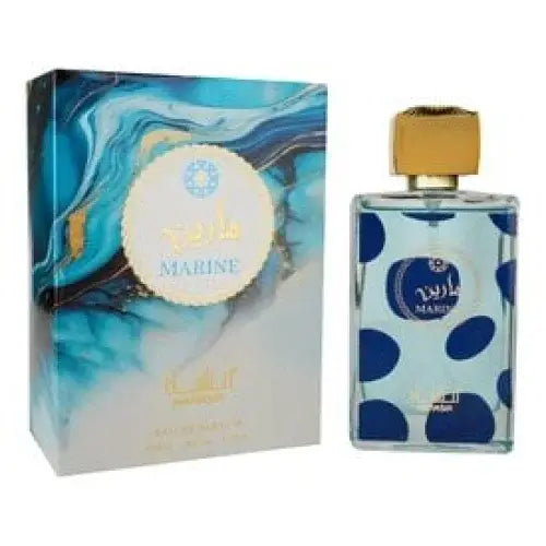 Blauwe polkadot glazen parfumfles met gouden dop en gemarmerde blauwe verpakking van manasik marine