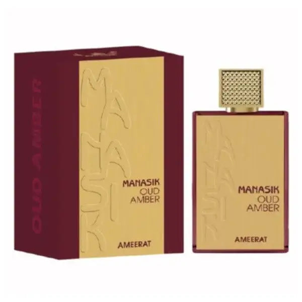 Luxe goudkleurige parfumfles manasik oud amber ameerat met geruite dop en bijpassende bordeauxrood gouden doos