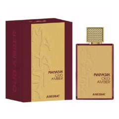 Luxe goudkleurige parfumfles manasik oud amber ameerat met geruite dop en bijpassende bordeauxrood gouden doos