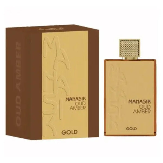 Manasik oud amber gold parfumfles met goudkleurige rechthoekige vorm en metalen getextureerde dop met reliëfprint