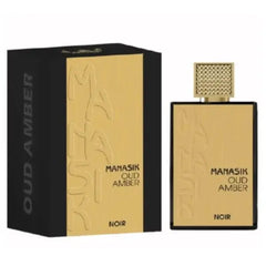 Goudkleurige rechthoekige parfumfles met gestructureerde griddop en gegraveerde manasik oud amber noir tekst