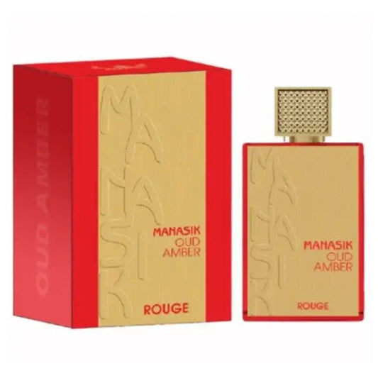 Rode en goudkleurige rechthoekige fles van mahasik oud amber parfum door rouge voor manasik oud amber rouge