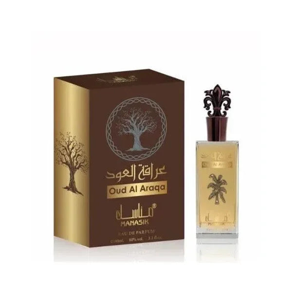 Mahasik oud al araqa eau de parfum in een heldere glazen fles met goudblad en een sierlijke donkere dop naast de bruine doos