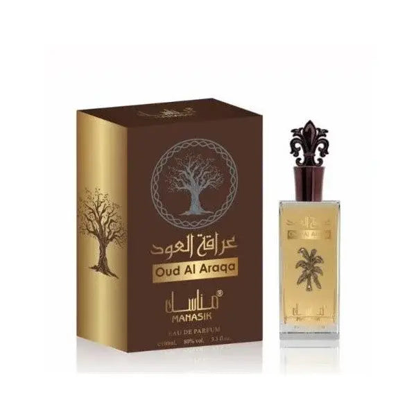 Mahasik oud al araqa eau de parfum in een heldere glazen fles met goudblad en een sierlijke donkere dop naast de bruine doos