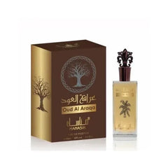 Mahasik oud al araqa eau de parfum in een heldere glazen fles met goudblad en een sierlijke donkere dop naast de bruine doos