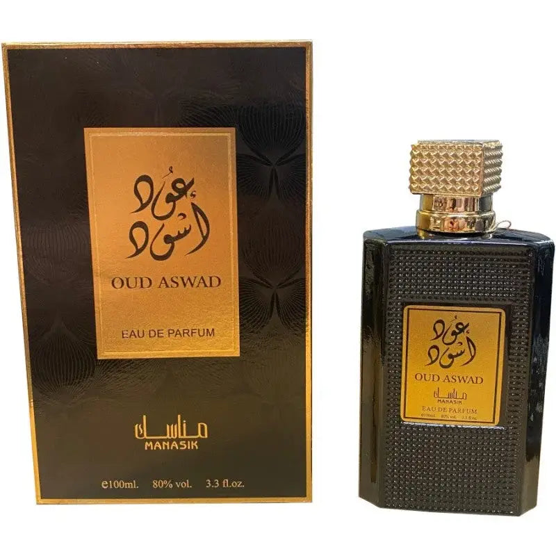Zwarte textuurlijke glazen fles manasik oud aswad eau de parfum met gouden dop en diamantpatroon label 100 ml edp