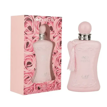 Pink matte-finish parfumflesje manasik reem met zilveren dop en tassel in vrouwensilhouetvorm