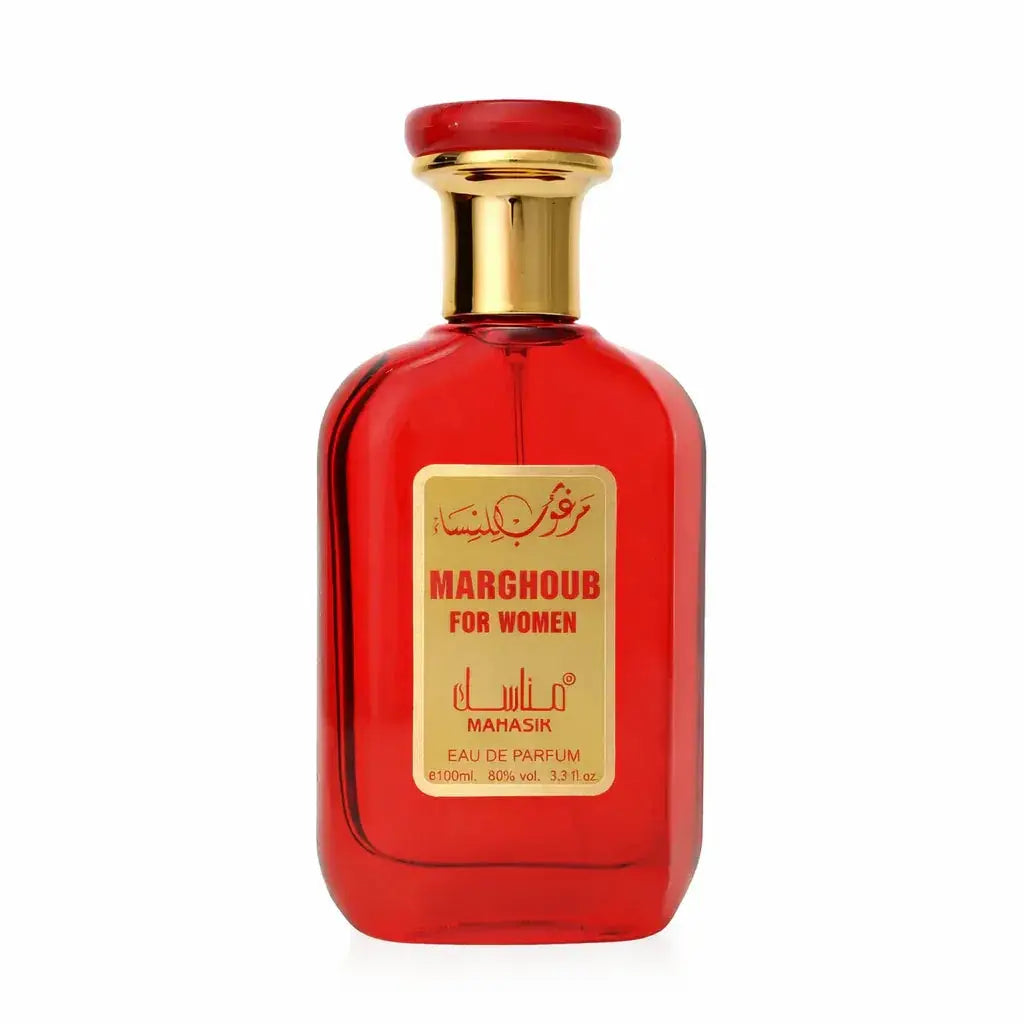 Een levendig rode glazen parfumfles met een gouden dop en label met de marghoub for women geur van mahasik