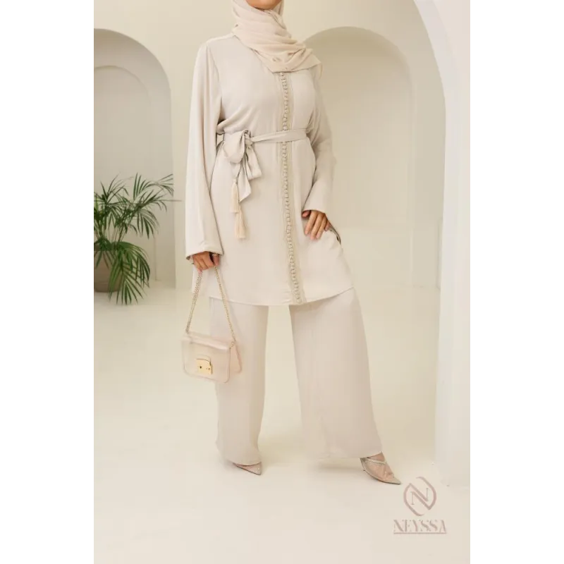 Beige modest fashion outfit in Marrakech twinset showcasing elegant style