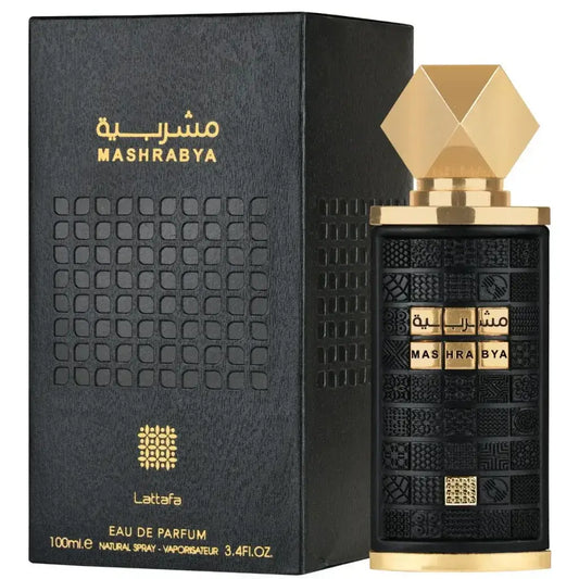 Zwart en goud mashrabya lattafa eau de parfum fles met geometrisch facetten gouden dop en gedetailleerde reliëfpatronen