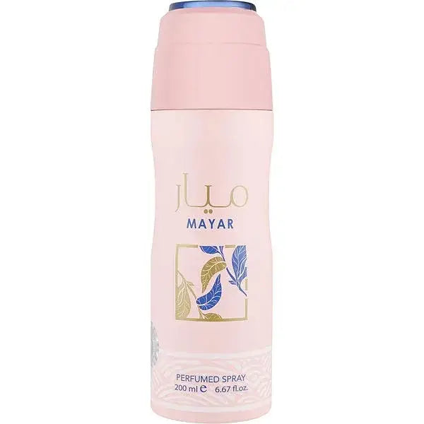 Roze mayar deodorantsprayfles met blauwe dop en goudblauw bladontwerp