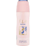 Roze mayar deodorantsprayfles met blauwe dop en goudblauw bladontwerp