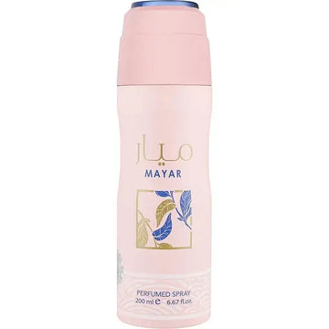 Roze mayar deodorantsprayfles met blauwe dop en goudblauw bladontwerp